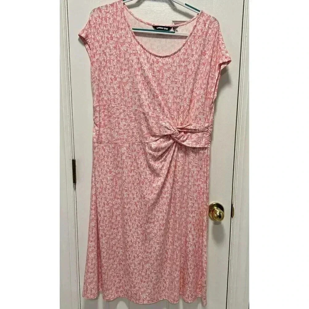 Lands’ End Pink and White Sailboat Cotton Dress‎ Medium Modest Midi